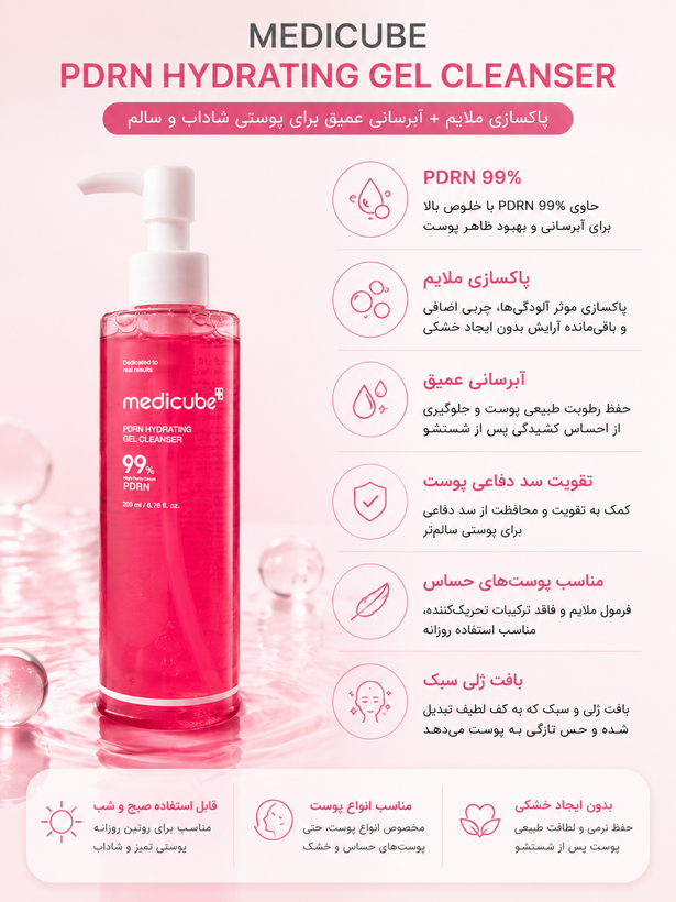 ژل شستشوی آبرسان PDRN 99% مدیکیوب حجم 200 میلیلیتر