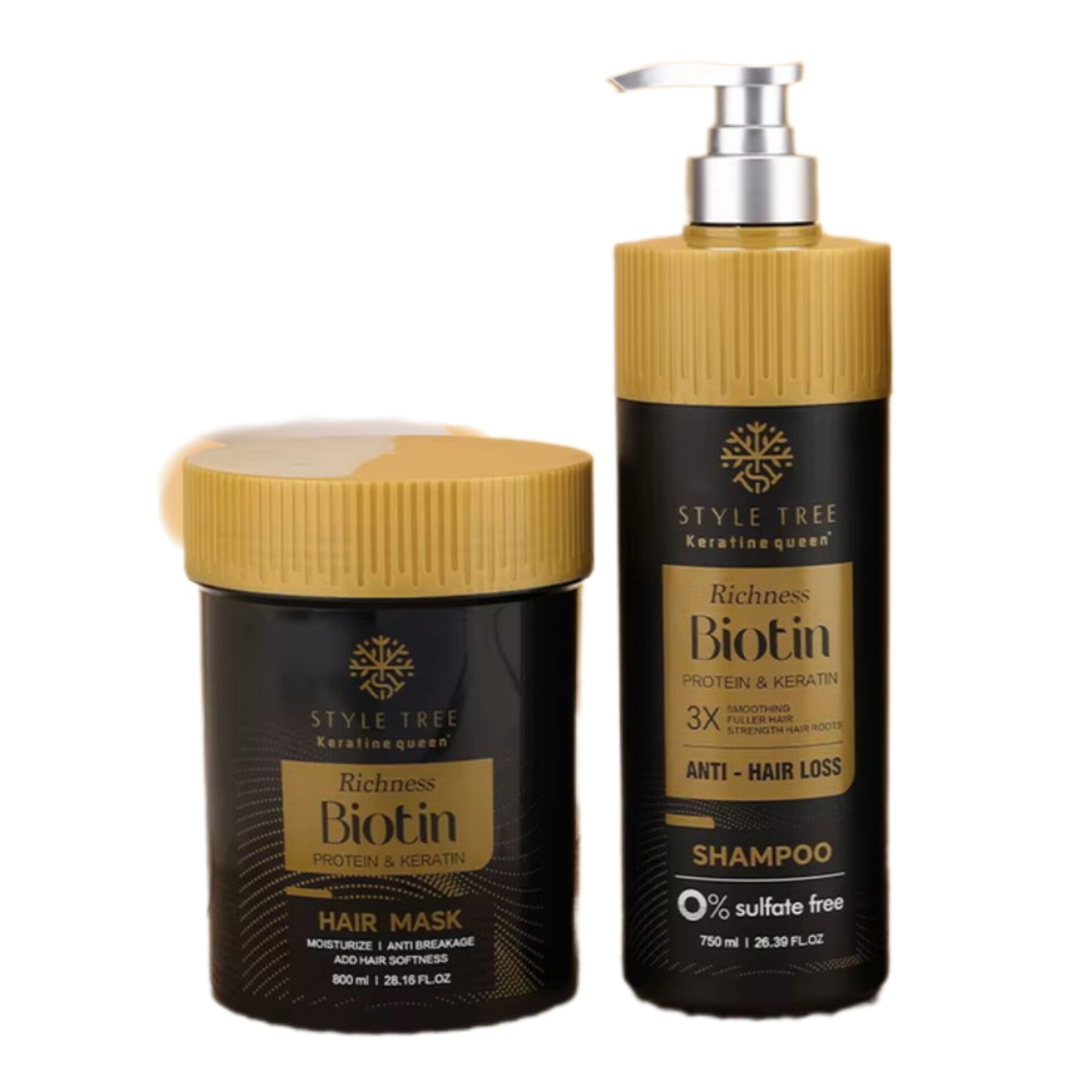 پک ماسک و شامپو ضد ریزش مو کراتین کوئین Style Tree مدل Richness Biotin بدون سولفات حجم 750 میل